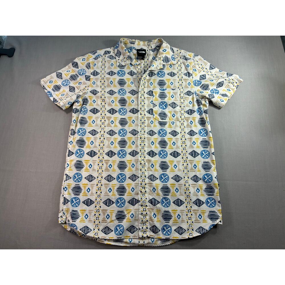 The North Face Button Up Shirt Mens Medium White Geometric Print Short Sleeve